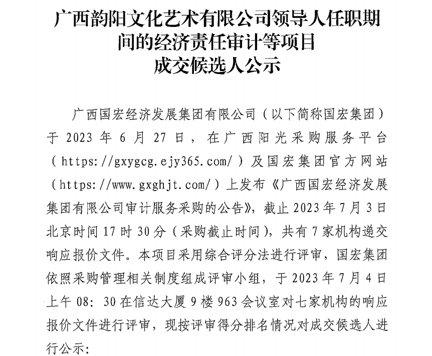 廣西韻陽文化藝術(shù)有限公司領(lǐng)導(dǎo)人任職期間的經(jīng)濟(jì)責(zé)任審計等項目成交候選人公示